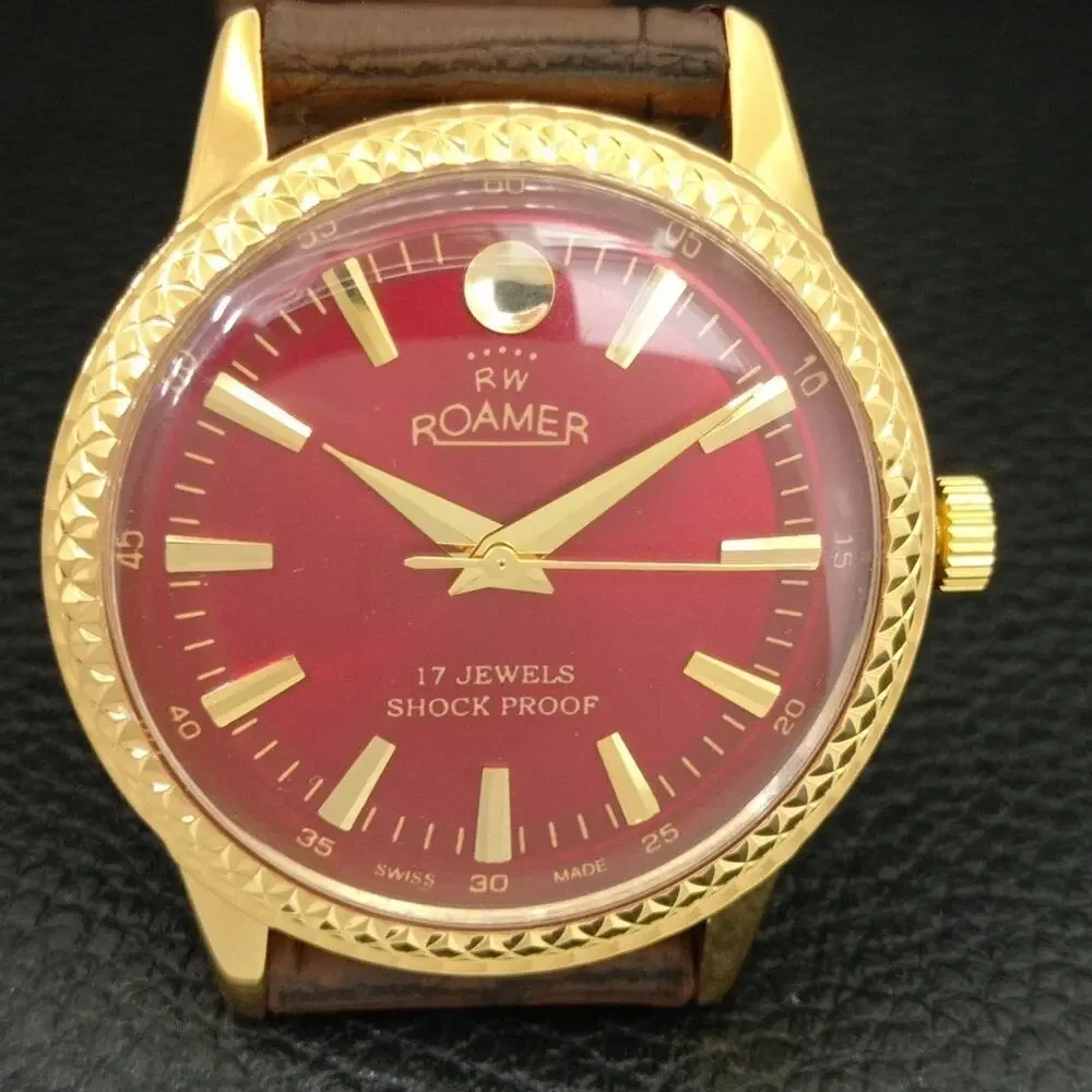 Vintage 1977 Roamer Manual Mens Gold Watch W/Leather Strap & Red accents